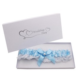 Wedding Garter Gift Boxed for Bride Blue Satin with White Lace and Pearl Bead Keepsake