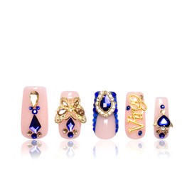 LOVFUL Press on Nails Virgo Blue French Tip| Handmade with Full Covered Crystals | Reusable Fake Nails | Square Regular 1.0 in | H164S