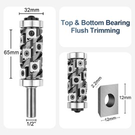 SpeTool Flush Trim Router Bit 1/2 inch Router Bits Shank Solid Carbide Top and Bottom Bearings 1-1/4'' Cutting Diameter Router Indexable Inserts Pattern Template Router Bit for Woodworking