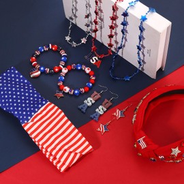 4th of July Accessories for Women American Flag Headband USA Earrings Star Bead Necklace Red Blue White Beaded Stretch Bracelet USA Fourth of July Patriotic Accessories Outfits Party Favors (Set A)