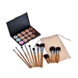 Makeup Brush Set Cream Concealer Palette Wooden Bamboo Handle Carrying Pouch
