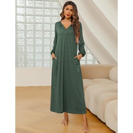 Marvmys Womens Long Sleeve Cotton Night Gown Long Henley Nightshirt Sleep Dress with Pockets Green XL