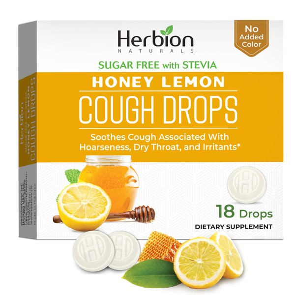 Herbion Naturals Sugar-Free Cough Drops with Natural Honey Lemon Flavor, 18 Drops, Oral Anesthetic - Relieves Cough, Throat, and Bronchial Irritation, Soothes Sore Mouth, For Adults and Children 2yo+