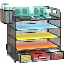 Sinboun Metal 5-Tier Mesh File Organizer with Pen Holder, Drawer and Desktop Document Shelf Tray for Letter/A4 Office Classroom Organization
