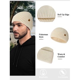 Yutdeng Beanie Hat Men Thermal Warm Winter Hats Classic Soft Knitted Cuffed Beanies Fisherman Beanie Skullcap Trawler Beanies Cap Outdoors Gifts for Men Women,Beige,One Size