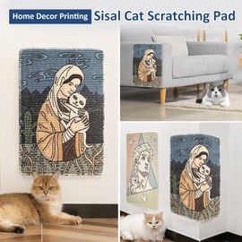 NATUAY Cat Scratcher Sisal Mat Furniture Protector for Wall Couch Carpet Door Mounted, Self-Adhesives Artistic Cats Scratcing Pad with Twist Pins (Mom and Cat, 23.6"x15.8")