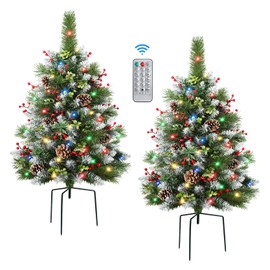 Set of 2 24.5 Inch Pre-lit Outdoor Christmas Tree with Remote, Timer, Multi-Color Lights, Battery Operated Lighted Frosted Christmas Pathway Urn Filler, Christmas Porch Decorations for Home & Yard