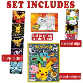 Pokemon Advanced Coloring and Stickers Activity Set- Bundle Includes Pokeman Advanced Coloring Book, Sticker Book, Pokeman Reward Stickers, 2-Sided Door Hanger