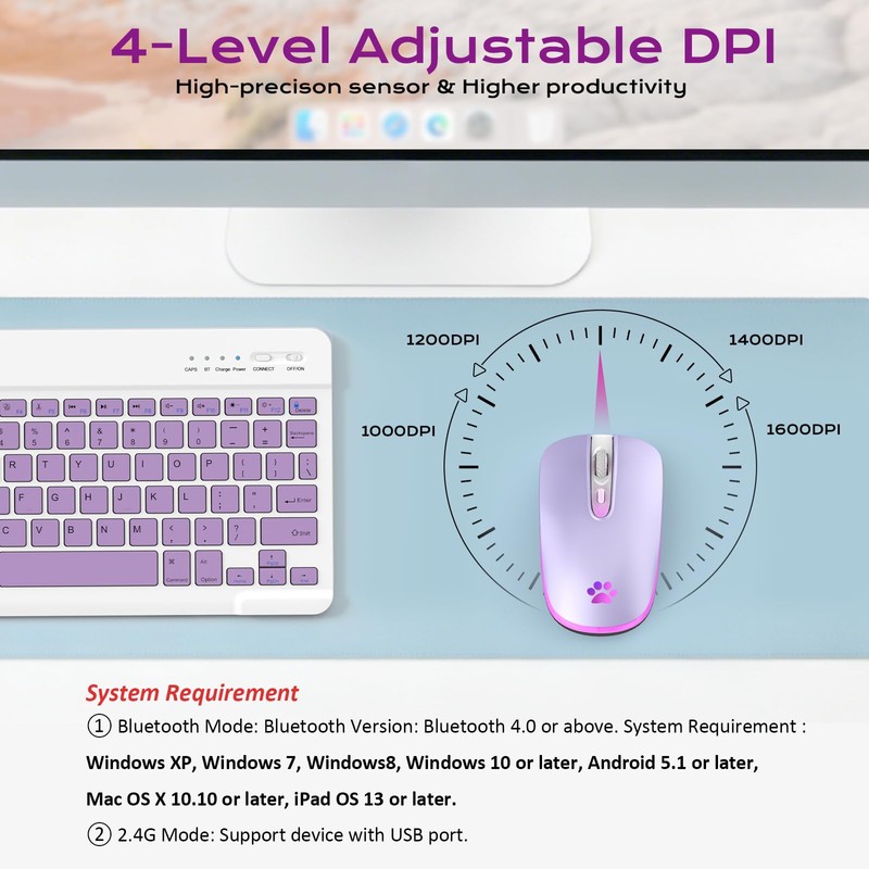 LKV Wireless Bluetooth Mouse, 2.4GHz Slim Purple Mouse with USB