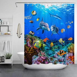 JOOCAR Ocean Dolphin Shower Curtain Underwater World 3D Digital Painting Pattern Bath Curtain Waterproof Shower Curtains Bathroom Decor 72x72 Inch, Bright Blue