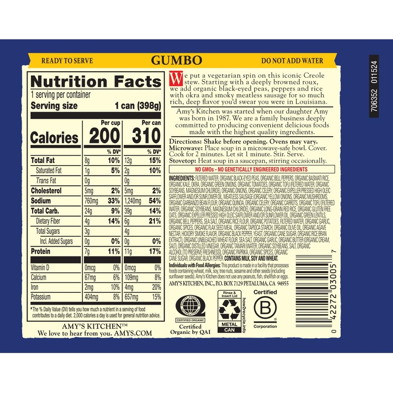 Amy's Soup, Black-Eyed Pea & Kale Gumbo, 14 Oz, Pack