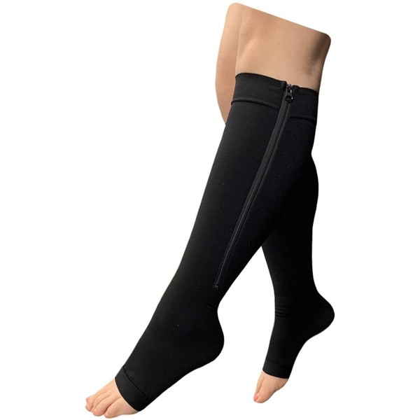 Presadee Premium Open Toe Big Tall 20-30 mmHg Zipper Compression Leg Calf Socks (Black, 3XL)
