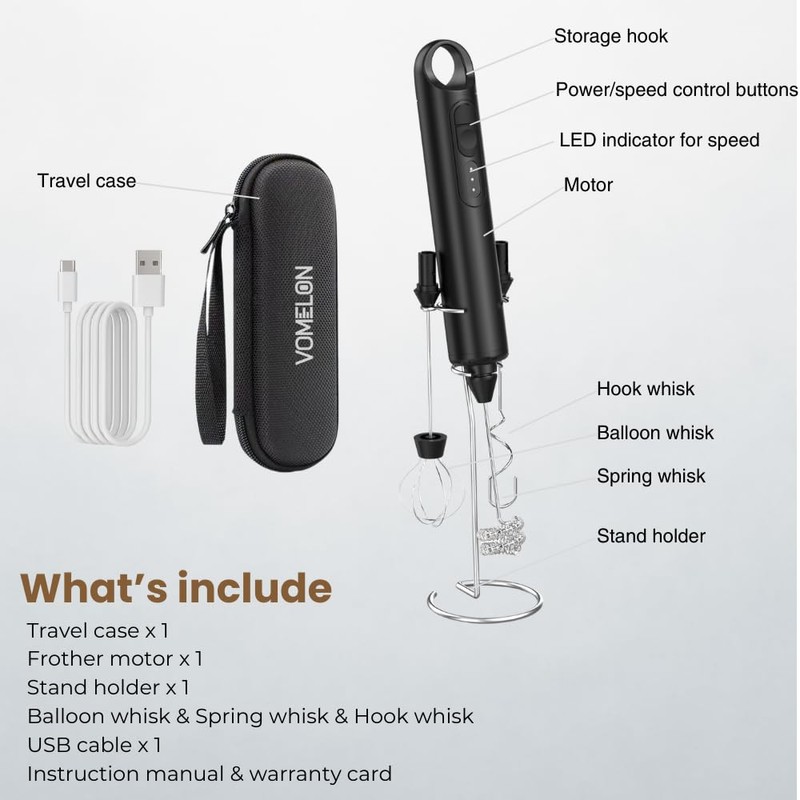 Rechargeable Milk Frother Handheld 3 Speed Coffee Foamer [3 Whisk]