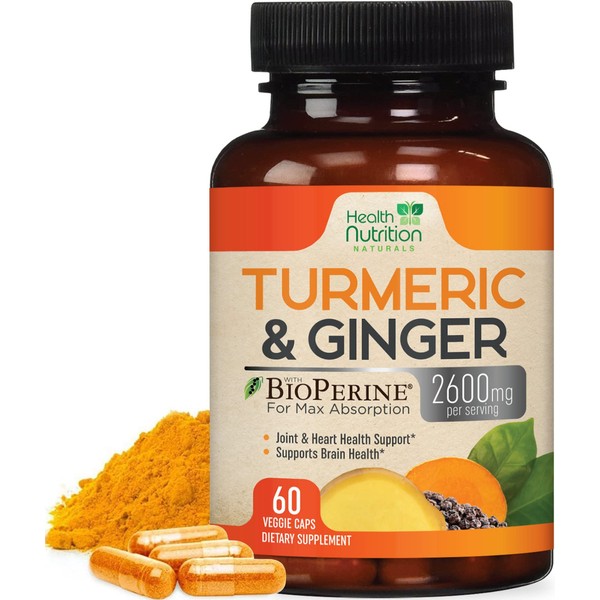 Turmeric Curcumin with BioPerine & Ginger - 95% Standardized Curcuminoids 2600mg - Black Pepper for Max Absorption, Natural Joint Support, Nature's Turmeric Extract Supplement Non-GMO - 60 Capsules