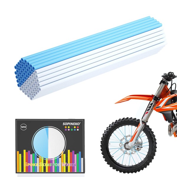 SOPINEKO 72Pcs Spoke Skins Covers Spoke Wraps Wheel Decoration for Motorcycle Bicycle Dirt Bike Wheelchair(Sky Blue & White)
