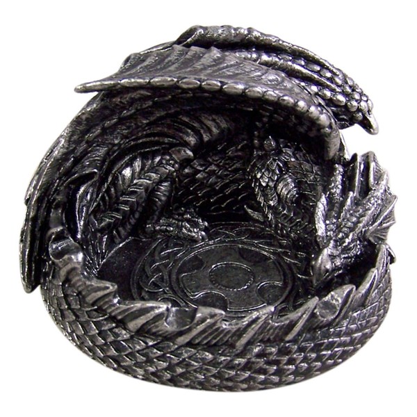 Silver Toned Metallic Resin Sleeping Dragon Coin Ash Tray, 4 3/4 Inch