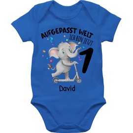 Geschenk mit Namen personalisiert by Shirtracer - Baby Bodysuit Boy Girl - Aufgepasst Welt ich bin jetzt 1 I First Birthday I 1st Birthday I 1 Birthday I 1 Birthday, 6 Royal Blue, 12 - 18 months