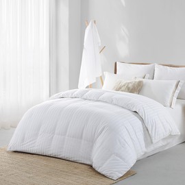 Blue Ridge Home Fashions 350 Thread Count Cotton Damask Stripe Pattern Down Alternative All Season Comforter - Hypoallergenic Microfiber Fill, Twin, White