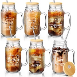 FoldTier 6 Set Employee Appreciation Gift Bulk Glass Mason Jar with Handle 24 oz Graduate Thank You Cup with Lids and Stainless Steel Straw Inspirational Gifts for Team Employee Teacher