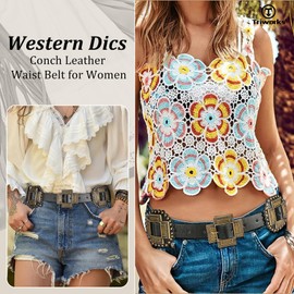 TRIWORKS Women Wide Western Leather Belt Boho Disc Concho Belt Cowgirl Vintage Waist Belt for Jeans Dresses