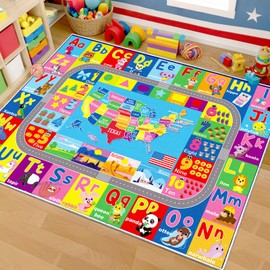 InIsaJace ABC Rug Alphabet Numbers Playmat, Large Educational Learning and Fun USA Map Playroom Rug, Colorful Non Slip Area Rug for Kids Room Classroom Nursery (79 X 59 Inches)