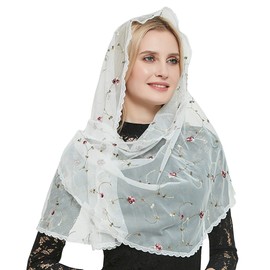 Leimandy Orthodox Veil Head Covering with Embroidered flowers Catholic Chapel Mantilla veil V50 (Ivory veil)