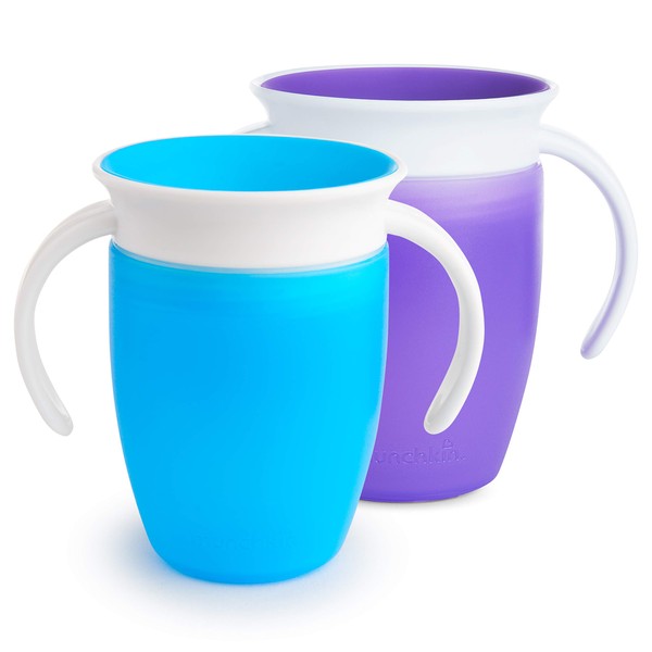 Munchkin Miracle 360 Sippy Cup, Trainer Toddler Cup, BPA Free Baby & Toddler Cups w.Handles, Non Spill Cup, Dishwasher Safe Baby Cup, Leakproof Childrens Cup, 6+ Months - 7oz/207ml,2 Pack, Blue/Purple