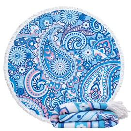 Violet Mist Blue Paisley Round Beach Blanket 60" Soft Microfibre Circular Beach Towel Throw with Fringe Large Sand Free Circle Beach Blanket with Tassels for Women Travel Swimming Pool Picnic Towel