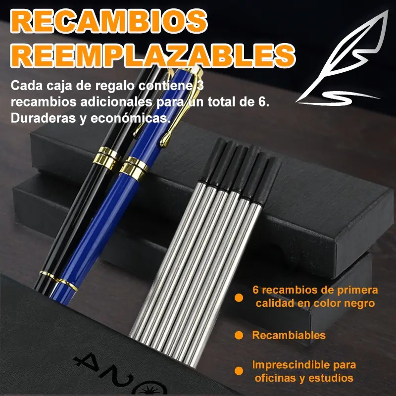 2pz Pluma De Acero Alta Calidad Con Recambio Y Caja