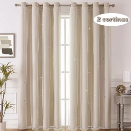 LUCINATIA Cortina Lisa Con Tul Y Diseño Estrella De 100×130 Cm 2 Pzs.