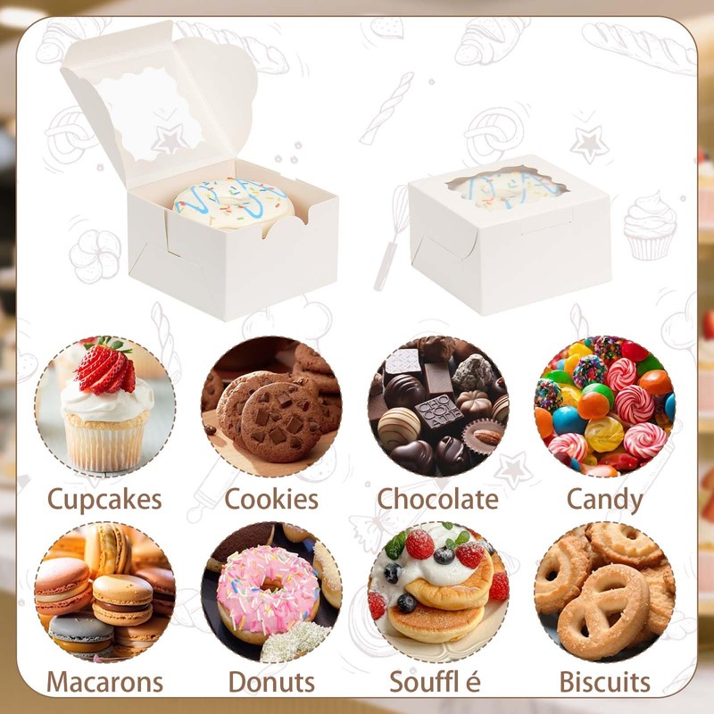 OUGEBOX 50 Pcs 4x4x2.5 Inch Bakery Boxes with Window, White