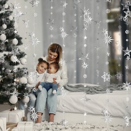6 Strings Christmas Decorations Shiny Star Garland Space Décor Starry Night Backdrop Sun Moon Hanging Birthday Decorations New Year Banner Ramadan Streamer Wedding Party Décor (Silver)