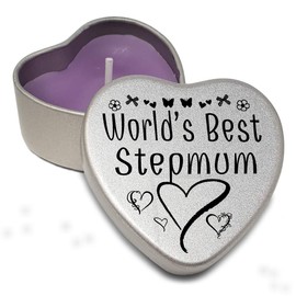Heart Shaped Mini Silver Tin with Purple Tealight for The World's Best Step Mum. Gift for Amazing Women for Mother’s Day. (Stepmum)
