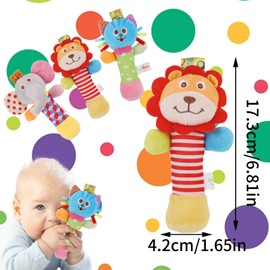 Baby Soft Rattles, 3 Pack Plush Animal Rattle Toys for Babies 0-6 Months, First Baby Sensory Toy with Sound for 0 3 6 Month Infant Gift (Elephant, Lion, Cat)