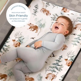 Stretchy Ultra Soft Jersey Knit Fitted Pack n Play Sheets 3 Pack, Portable/Mini Crib Sheets for Boys and Girls, Universal Fit for Pack N Plays Safe and Snug, Stylish Pattern of Bear and Wolf Print
