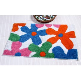 HOMESCAPES 100% Cotton Washable Tufted Colourful Multi Flowers Rug Orange Pink Blue - 50 x 80 cm Bath Mat or Children's Rug