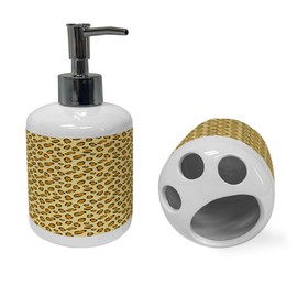 Ambesonne Leopard Print Soap Dispenser & Toothbrush Holder Set, Modern Minimalist Style Tropical Theme Wild Cat Skin Pattern Art, Ceramic Bathroom Toiletry Accessories, 2 Pcs, Pale Orange and Beige