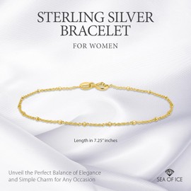 SEA OF ICE Sterling Silver 1mm Diamond-Cut Bead Station Rolo Chain Bracelet for Women, Size 7.25" Italy