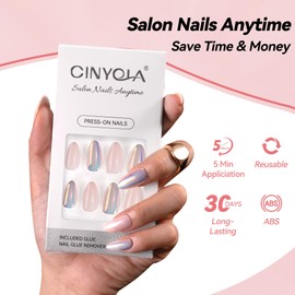 CINYOLA Press on Nails Almond, Medium Stick on Fake Nails Kit for Women, Artificial Glaze Glossy Acrylic Nails, 24 Pcs Reusable Color Plating Glue on False Nails
