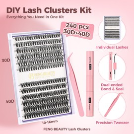 Eyelash Clusters Kit Natural, 240PCS 30D 40D Mixed Lengths 10–16mm, Natural Wispy Fluffy Look,Bond&Seal+Precision Tweezer, Lashes Extension Kit (0.07D, 10-16mm, Individual Lashes Kit)