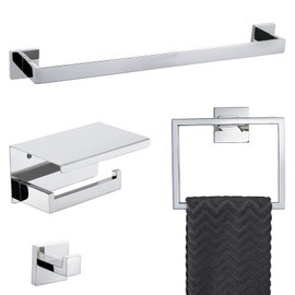 4-Piece Bathroom Hardware Set Chrome Bath Towel Bar Holder Sets Wall Mounted Stainless Steel Square Bathroom Accessory Kit, Polished Chrome 23.6 Inch
