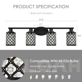 Niloah 4 Light Black Bathroom Light Fixtures, Modern Farmhouse Vanity Light, Bathroom Lights Over Mirror,Crystal Vanity Lighting Fixtures for Powder Room