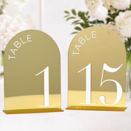 Tarjetas de colocación de arco de espejo dorado para recepción de boda, paquete de 15 tarjetas de acrílico dorado de 5 x 7 pulgadas con números blancos, números de mesa de acrílico arqueado 3D 1-15