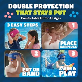 Ear band-it - Diadema de natación con tapones para los oídos, 6 pares de tapones de silicona suave para los oídos, Azul, Large (ages 10-adult)