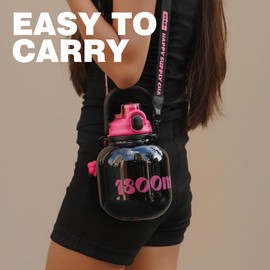 Sidagar 60 oz Big Water Bottle with Straw and Carry Handle, Black Wide Mouth Vacuum Insulated Stainless Steel Bottles Easy Carry Tumbler for Women