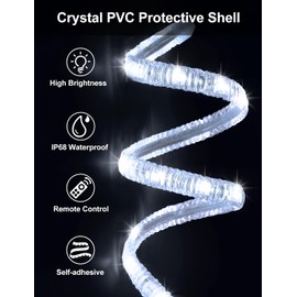 echosari Outdoor Rope Lights, 33F Ripple Shape Crystal Covered Rope Lights with Remote Timer DIY Outdoor LED Strip Lights Waterproof Flexible for Bedroom Party Decor (Cool White)