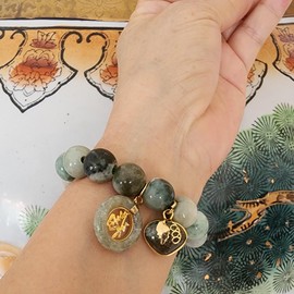 Heavens Tvcz Thai Jade Bracelet Round 14.00 mm Natural Green Striped Stretch Healing Energy Bangle for Women Charms with Pendant Love Heart/Coin Lucky Money