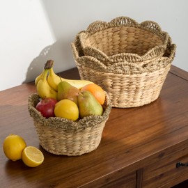 Isidore Water Hyacinth Storage Baskets, Round Woven Set of 3, Natural Brown, Multi-Use for Kitchen and Bathroom