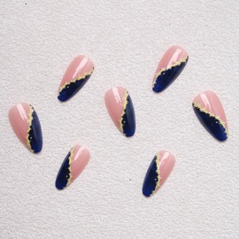 SINHOT Almond Press on Nails Medium - Blue Amber Fake Nails Glossy Glue on Nails Gold Bling Glitter Nails French Tip Stiletto Artificial Nails Stick on False Nails with Design DIY 24 pcs