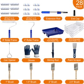 AURIXUS 28 PCS Paint Roller Kit with Extension Pole, 4"and 9" Paint Roller, Including Gloves, Paint Tray, Flat Paint Brush, Scraper, etc., for Professional House Painting & Oil Paints